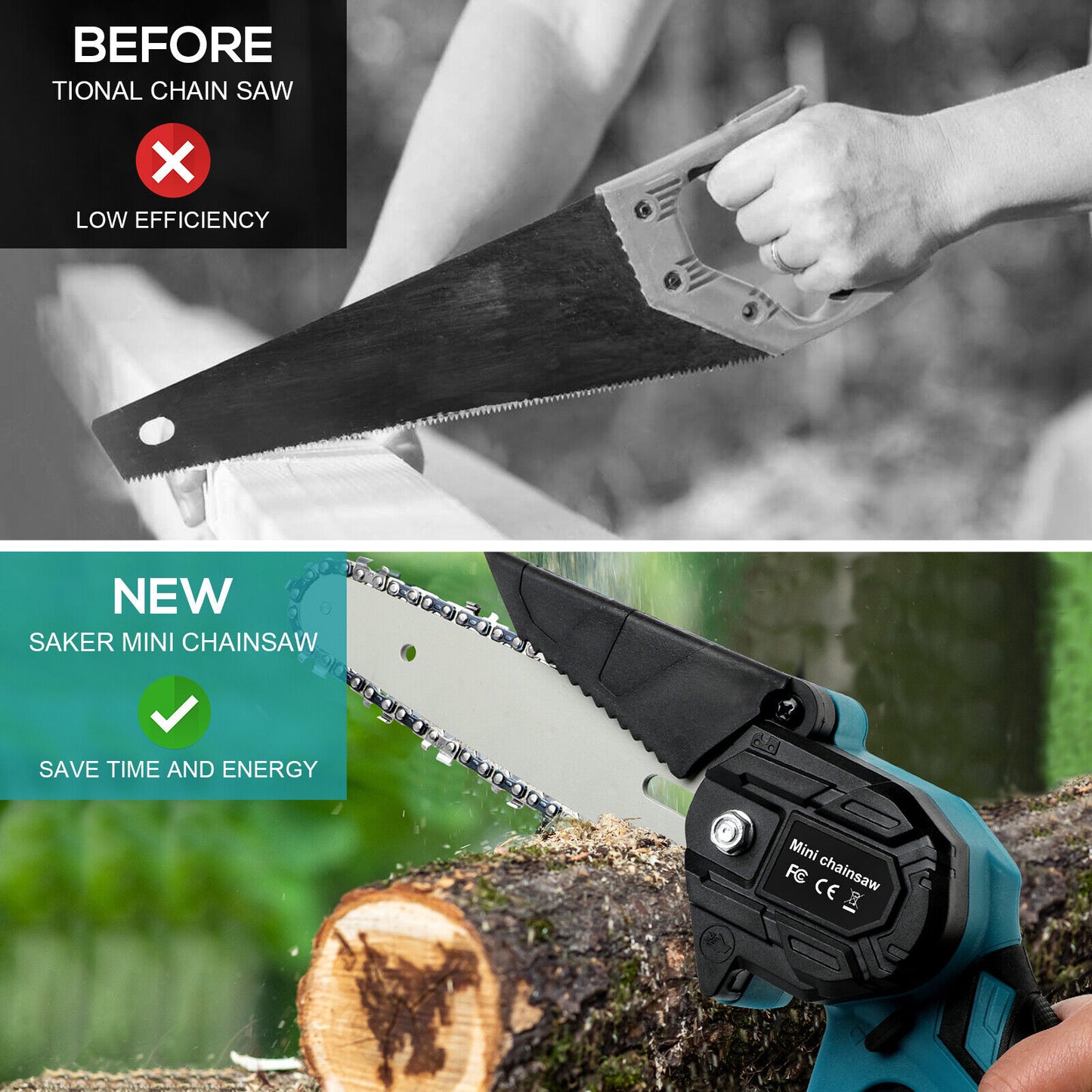 Cordless 6” Electric Chainsaw – Rechargeable Wood Cutter Compatible with 2 x Batteries