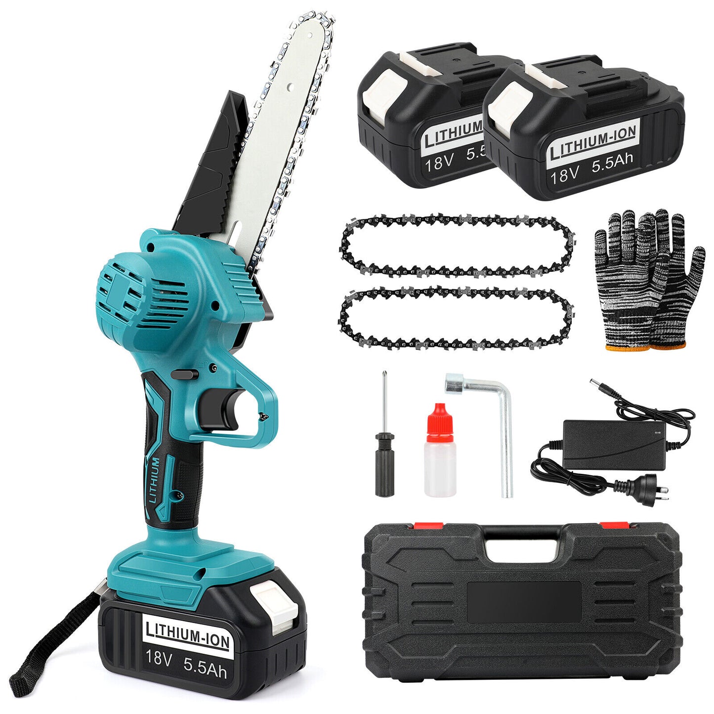 Cordless 6” Electric Chainsaw – Rechargeable Wood Cutter Compatible with 2 x Batteries