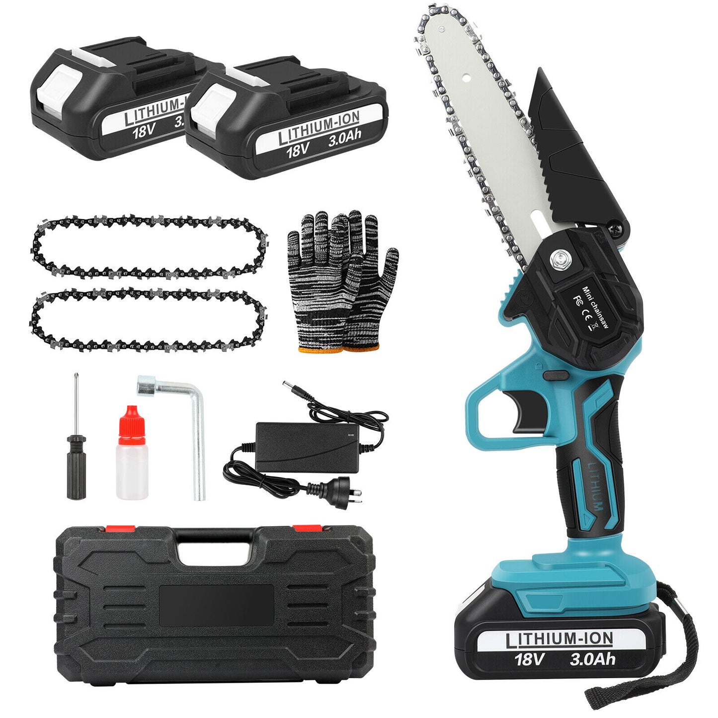 Cordless 6” Electric Chainsaw – Rechargeable Wood Cutter Compatible with 2 x Batteries