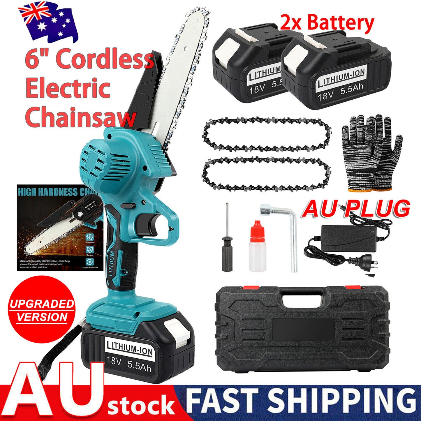 Cordless 6” Electric Chainsaw – Rechargeable Wood Cutter Compatible with 2 x Batteries