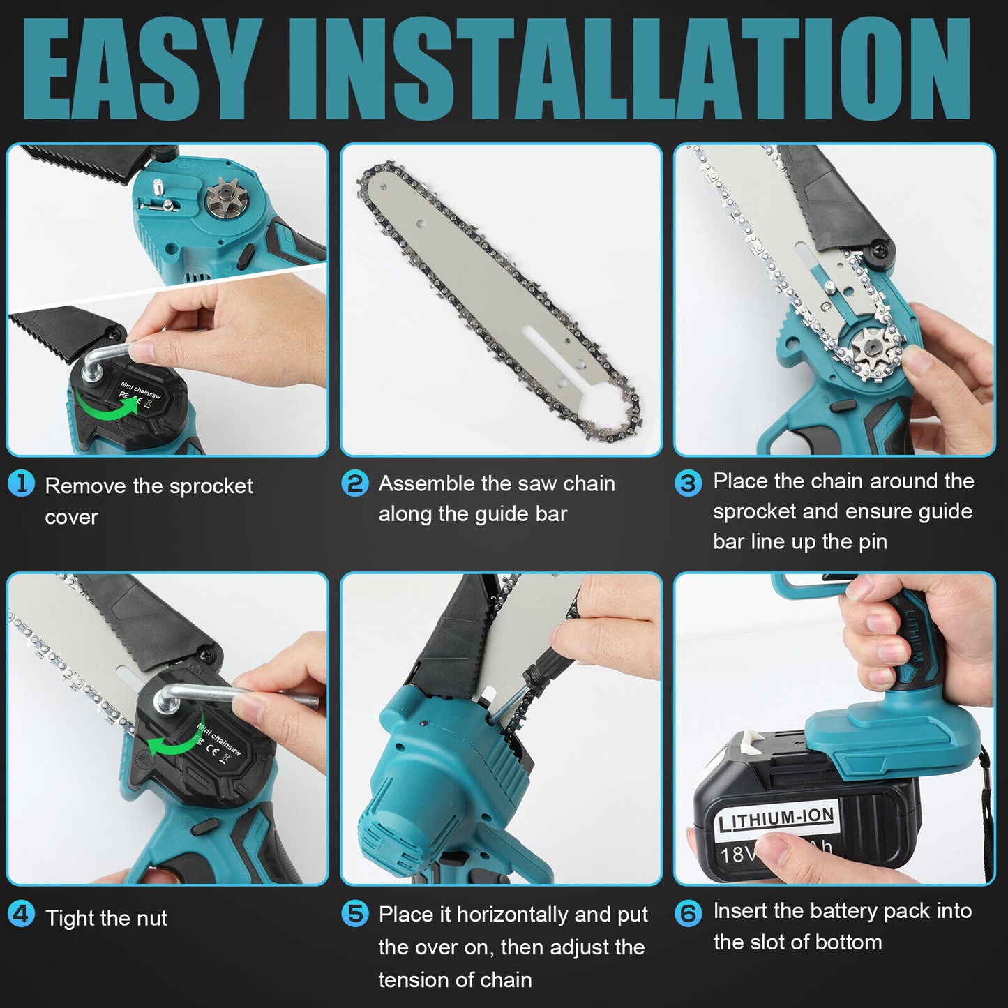Cordless 6” Electric Chainsaw – Rechargeable Wood Cutter Compatible with 2 x Batteries