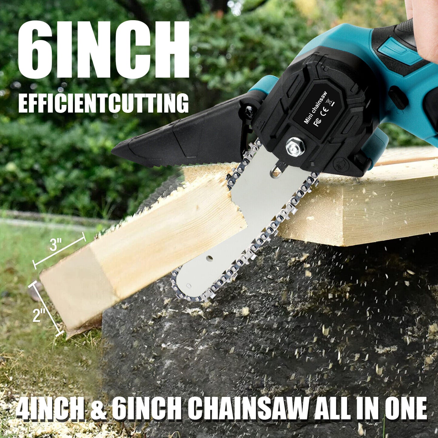 Cordless 6” Electric Chainsaw – Rechargeable Wood Cutter Compatible with 2 x Batteries