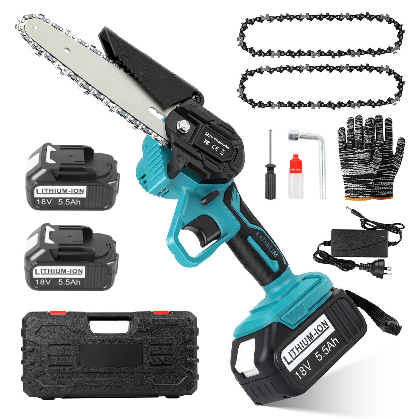 Cordless 6” Electric Chainsaw – Rechargeable Wood Cutter Compatible with 2 x Batteries